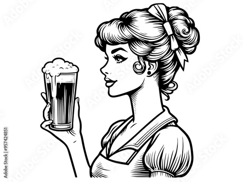 Retro-style illustration of a woman holding two glasses of beer. Vector, generative ai.
