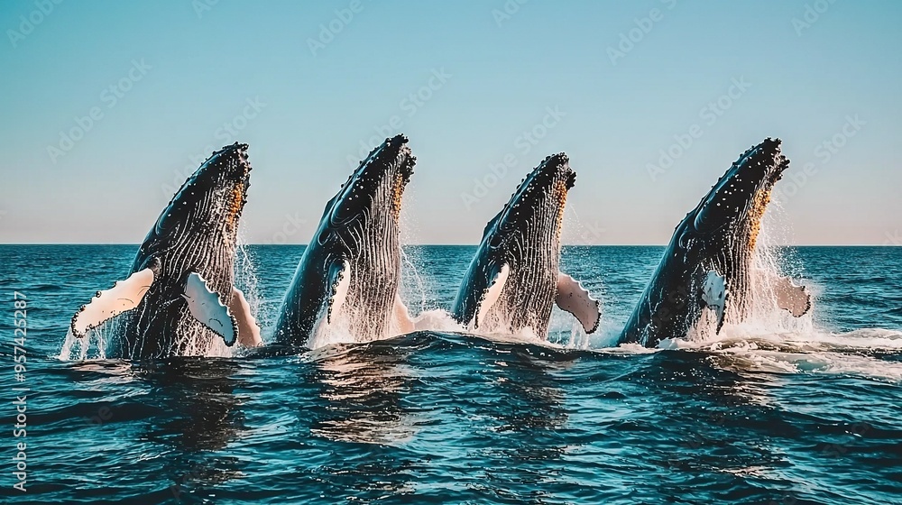 Obraz premium A pod of humpbacks is surfacing, displaying their tail flukes above the water's surface