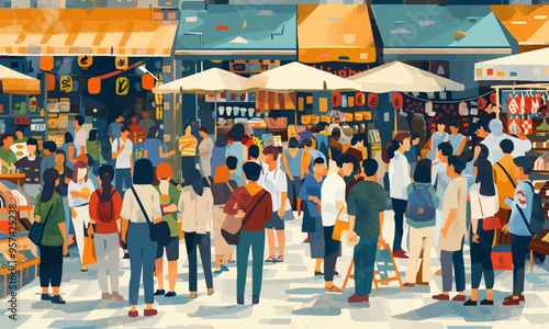 A flat vector of a busy marketplace.