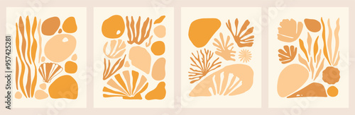 Abstract Boho Ocean Sea Seashell Shapes Yellow Decor Hand-Drawn Vector Illustration Art Set