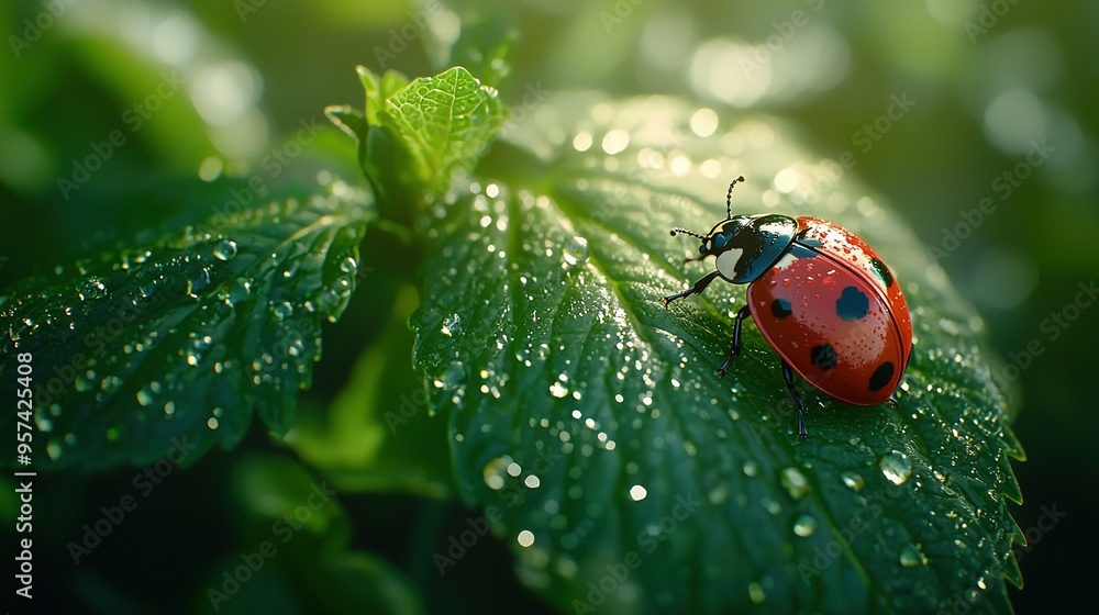 Fototapeta premium A ladybug on a green leaf with water droplets