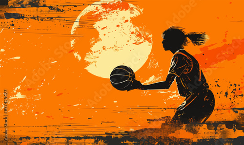 A silhouette vector of a person playing basketball.