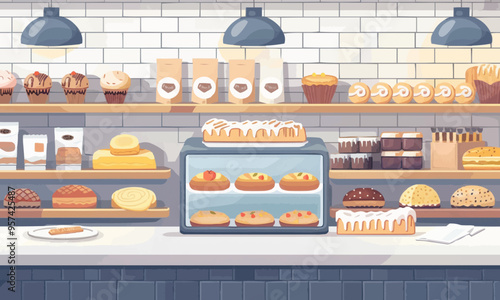 A flat vector of a bakery with pastries.