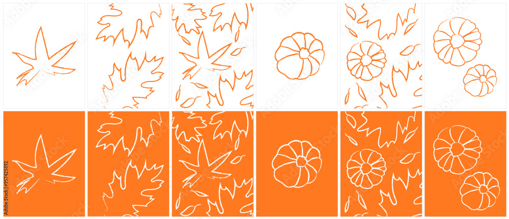  Leaves Autumn, Modern Fall Colors Vector Postcards Set Background