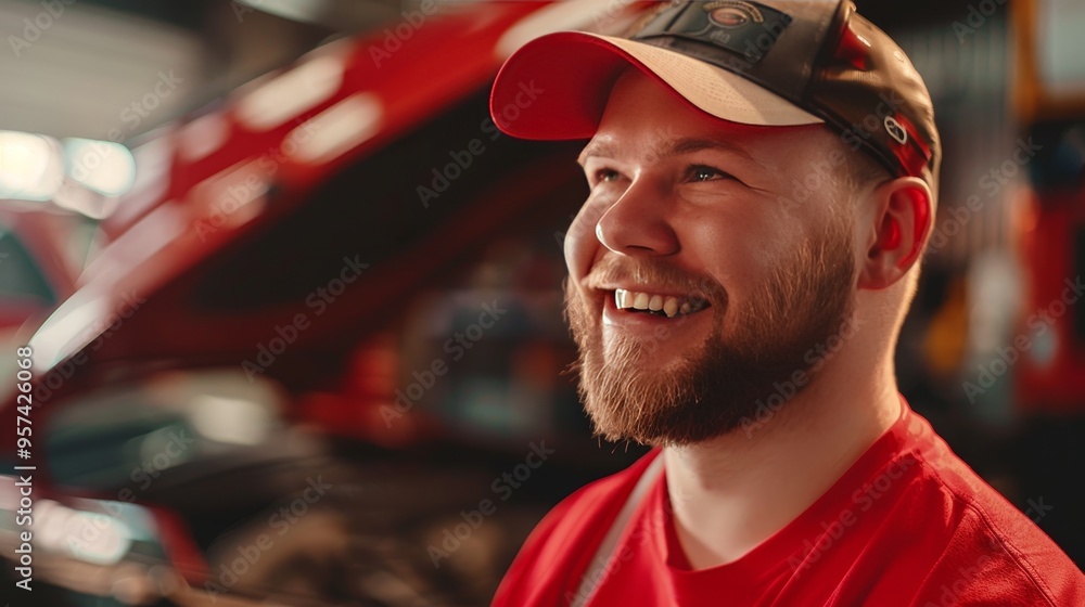 A man with a red hat and a red shirt is smiling A man with a red hat and a red shirt is smiling
