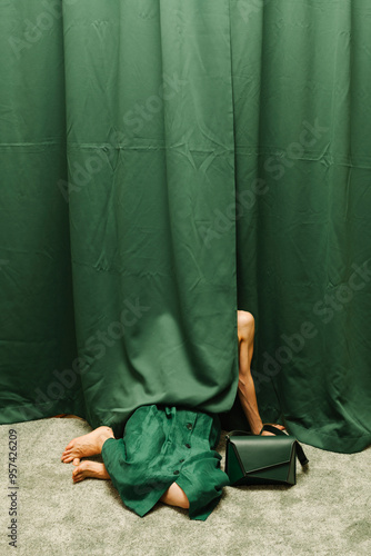 Person Hiding Behind Green Curtain with Handbag photo