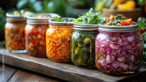 Vibrant jars of preserved vegetables and pickles arranged on a wooden table. Fresh organic produce, homemade, healthy eating, colorful, and traditional canning.