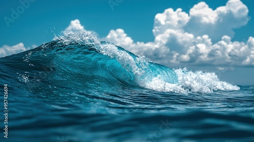  A vast blue wave rises in the center of a tranquil body of water, set against a misty sky in the background