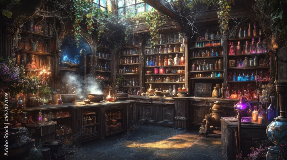 Enchanting Magical Apothecary Shop with Potions and Spell Books in a Cozy, Sunlit Room Filled with Mystical Herbs and Artifacts Enchanting Magical Apothecary Shop with Potions and Spell Books in a Cozy, Sunlit Room Filled with Mystical Herbs and Artifacts