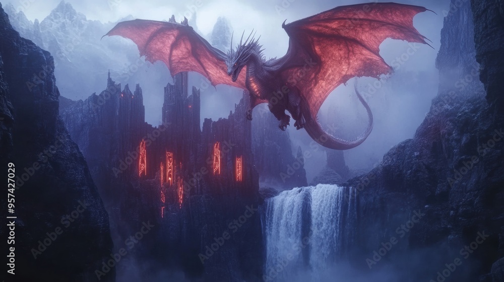 Fototapeta premium Majestic Fire Breathing Dragon Soaring Over Dramatic Fantasy Landscape with Cascading Waterfall and Imposing Castle