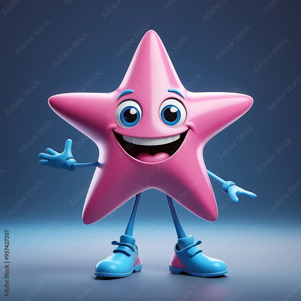 A joyful pink star with large blue eyes and a wide smile, set against a bright blue gradient background.