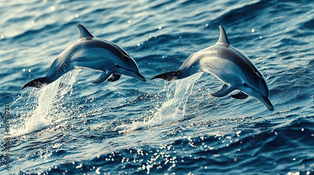 Fototapeta premium Dolphins leaping in blue waters, sun shining above