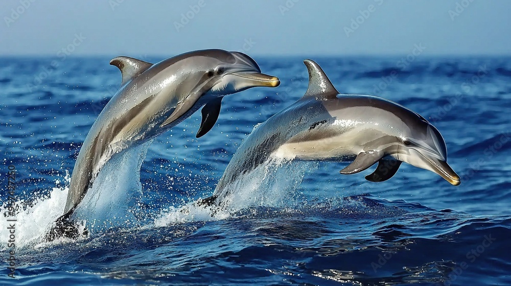 Two dolphins leap from the water into clear blue skies One jumps higher, the other lower, but both share the same joyful spirit Two dolphins leap from the water into clear blue skies One jumps higher, the other lower, but both share the same joyful spirit
