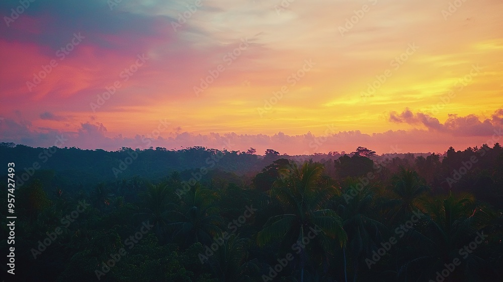 Obraz premium Sunset over tropical jungle with plane in fg, pink/yellow sky in bkg