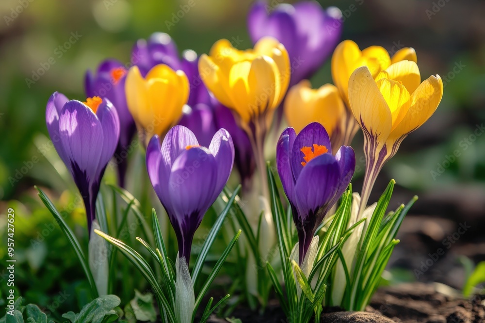 A bunch of purple and yellow flowers are in a field, generative ai image A bunch of purple and yellow flowers are in a field, generative ai image