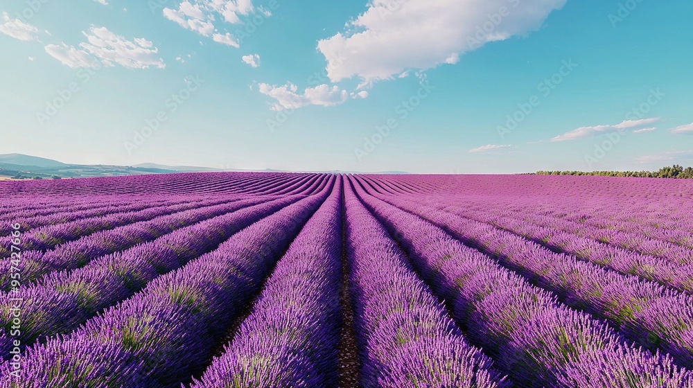 A large field of lavender flowers under a blue sky with puffy white clouds and a lone tree in the foreground A large field of lavender flowers under a blue sky with puffy white clouds and a lone tree in the foreground