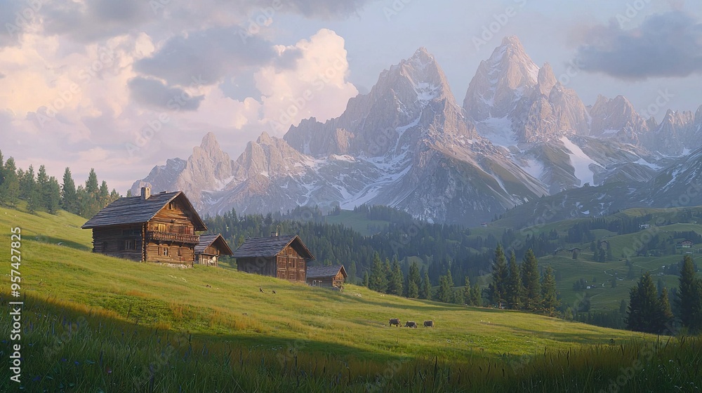 Picture of mountains with house and cows in the foreground Picture of mountains with house and cows in the foreground