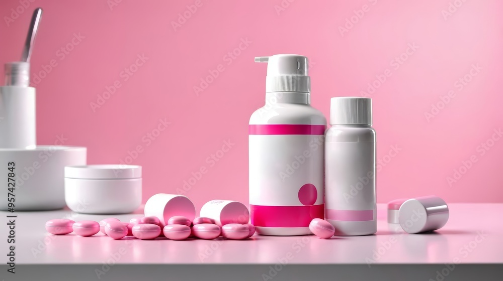 Pink and White Table With Bottles and Containers Pink and White Table With Bottles and Containers