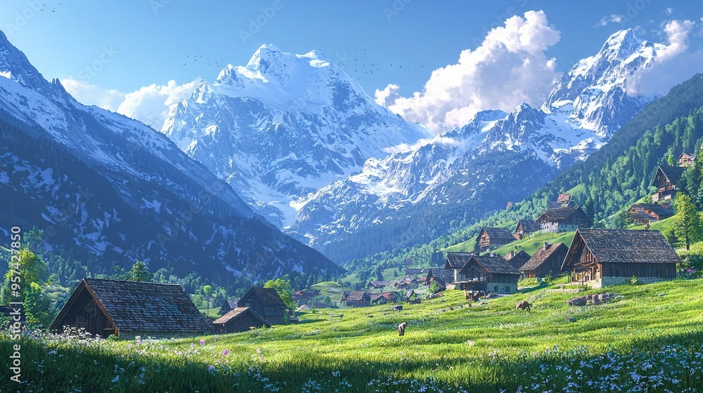 Painting of a mountainous village with snow-capped peaks and lush green grass in the foreground Painting of a mountainous village with snow-capped peaks and lush green grass in the foreground