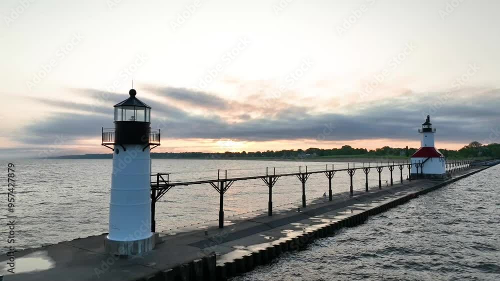 Aerial Sunrise Over St. Joseph Lighthouse Pedestal Shot Aerial Sunrise Over St. Joseph Lighthouse Pedestal Shot