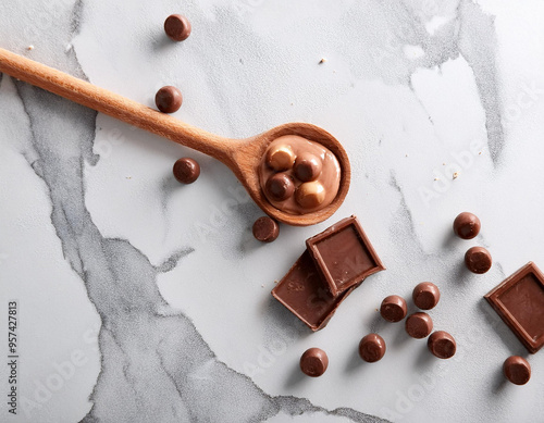 Decadent Wooden Spoon Dessert: Caramel, Chocolate Chips, and Balls on White Marble photo