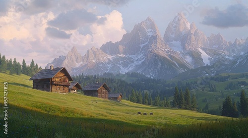  Picture of mountains with house and cows in the foreground