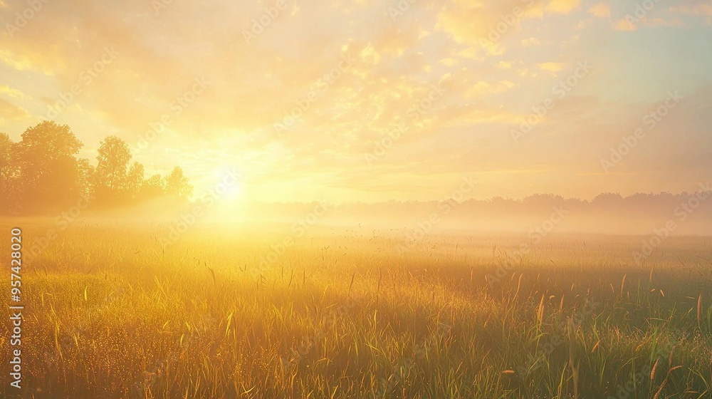 A field with grass and trees in the background, illuminated by the sun filtering through the clouds during midday A field with grass and trees in the background, illuminated by the sun filtering through the clouds during midday