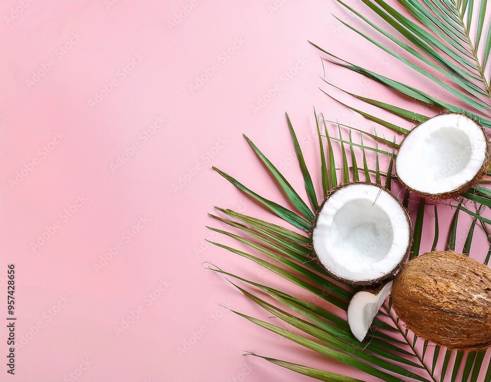 Tropical Flat Lay: Coconuts with Space for Text on Colorful Background Tropical Flat Lay: Coconuts with Space for Text on Colorful Background