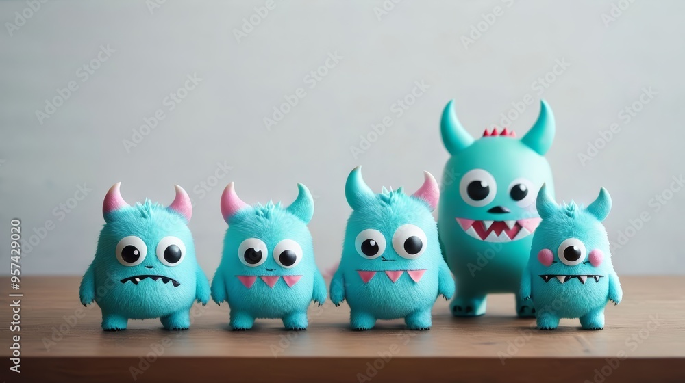 Obraz premium Blue Monsters Sitting on Wooden Table