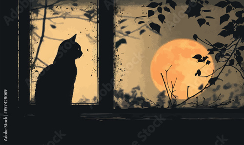 Silhouette vector of a cat sitting on a windowsill.