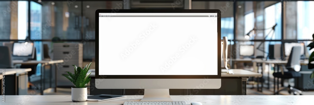 minimalist office with a white monitor screen, ready for your design content minimalist office with a white monitor screen, ready for your design content