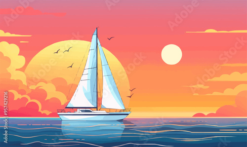 A linear vector of a sailboat on the sea.