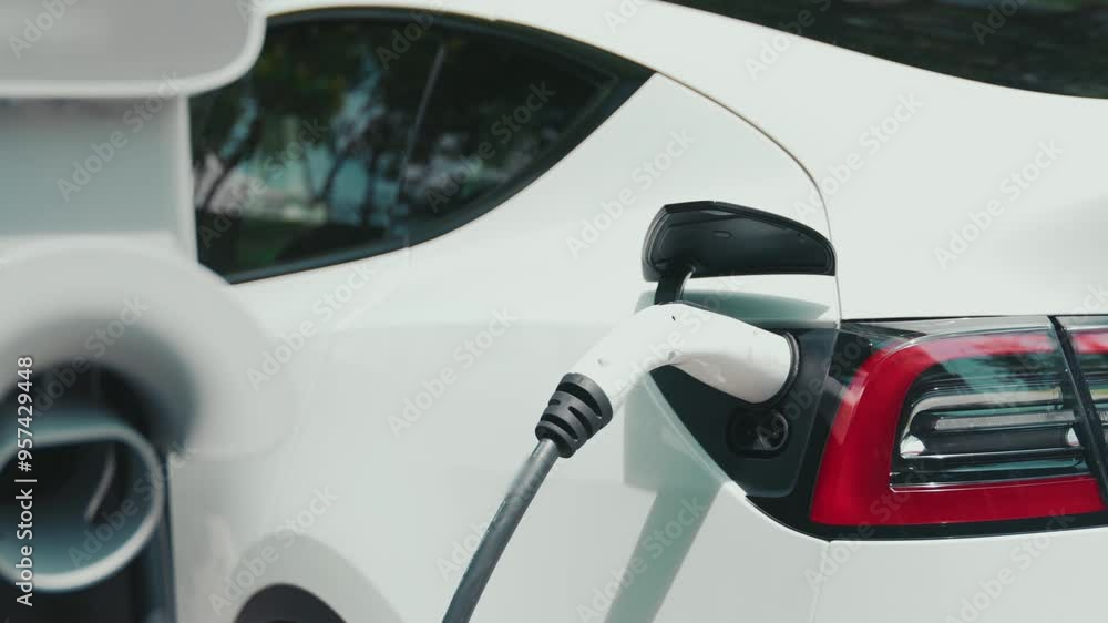 Slow motion EV electric car charging in green sustainable city park outdoor garden in summer. Sustainable clean rechargeable energy in urban lifestyle for electric vehicle innards Slow motion EV electric car charging in green sustainable city park outdoor garden in summer. Sustainable clean rechargeable energy in urban lifestyle for electric vehicle innards