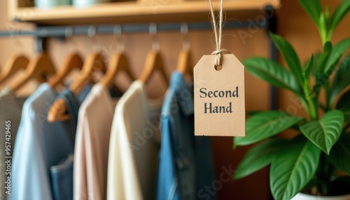 Clothes hang on wooden hangers with a 'Second Hand' tag, promoting sustainable fashion. photo