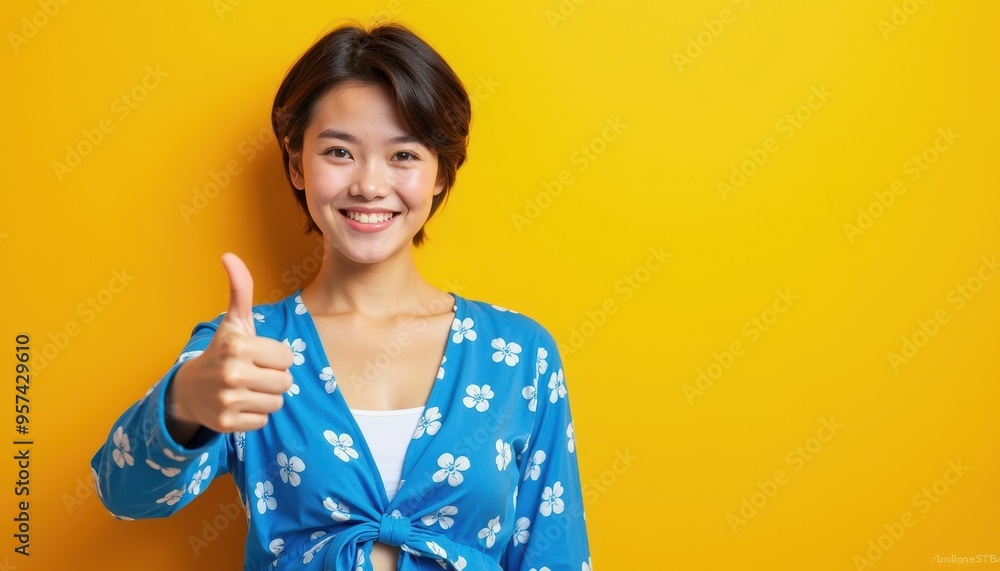 Smiling young Asian woman in a blue floral shirt giving a thumbs-up against a vibrant yellow background. Smiling young Asian woman in a blue floral shirt giving a thumbs-up against a vibrant yellow background.