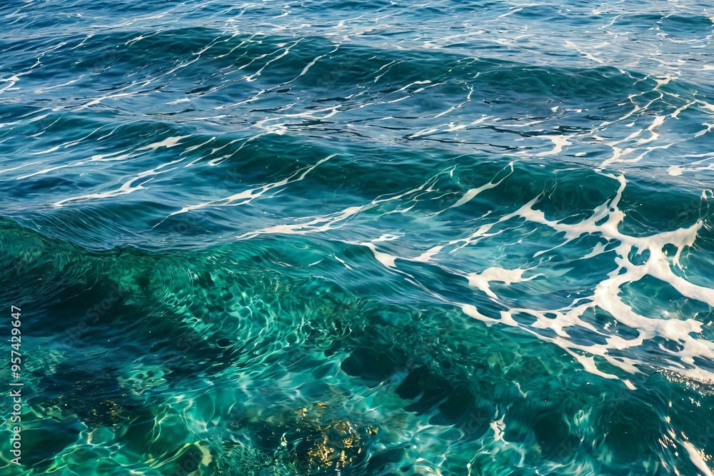A picture of calm ocean waters with white foamy waves, perfect for use in travel or nature-themed projects A picture of calm ocean waters with white foamy waves, perfect for use in travel or nature-themed projects