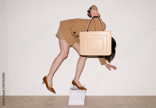 Businesswoman Falling Off Stack of Papers While Carrying Briefca