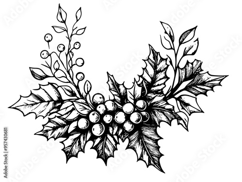Detailed drawing of holly leaves and berries in black and white. Vector, generative ai.