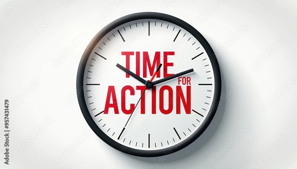 A round black and white wall clock displaying 'Time for Action' in bold red letters, highlighting motivation and urgency. A round black and white wall clock displaying 'Time for Action' in bold red letters, highlighting motivation and urgency.