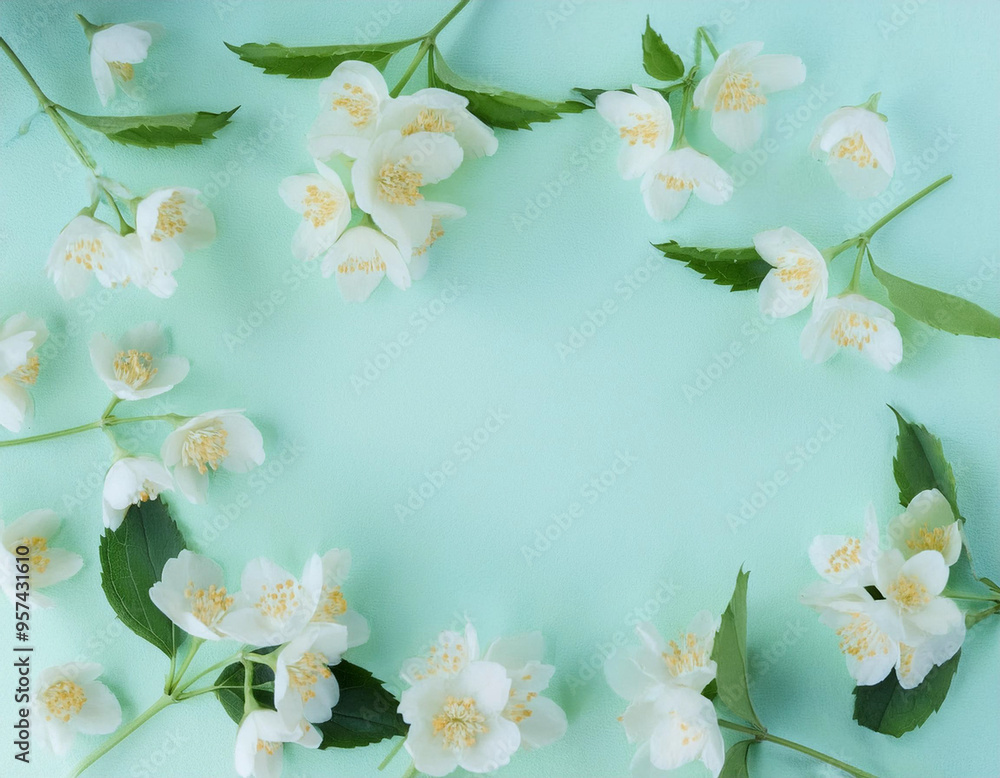 Beautiful Jasmine Flowers in Top View Frame Flat Lay Photography Beautiful Jasmine Flowers in Top View Frame Flat Lay Photography