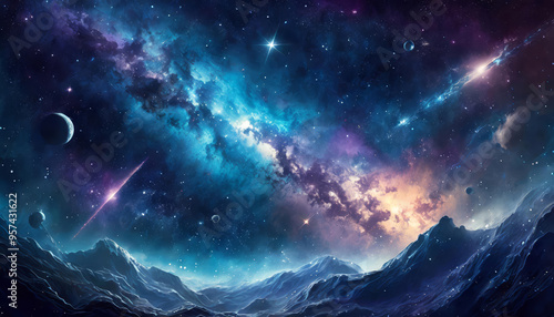 Hyperrealistic dense gas, dust, space nebula, galaxy, shiny stars, clouds cosmos universe in colorful fantasy cosmic blue, dark blue, violet, yellow colors background or wallpaper.  photo