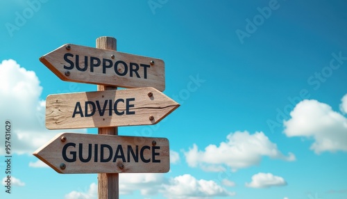 Wooden signpost with arrows pointing towards support, advice, and guidance against a clear blue sky with clouds.