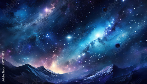 Hyperrealistic dense gas, dust, space nebula, galaxy, shiny stars, clouds cosmos universe in colorful fantasy cosmic blue, dark blue, violet, yellow colors background or wallpaper.  photo