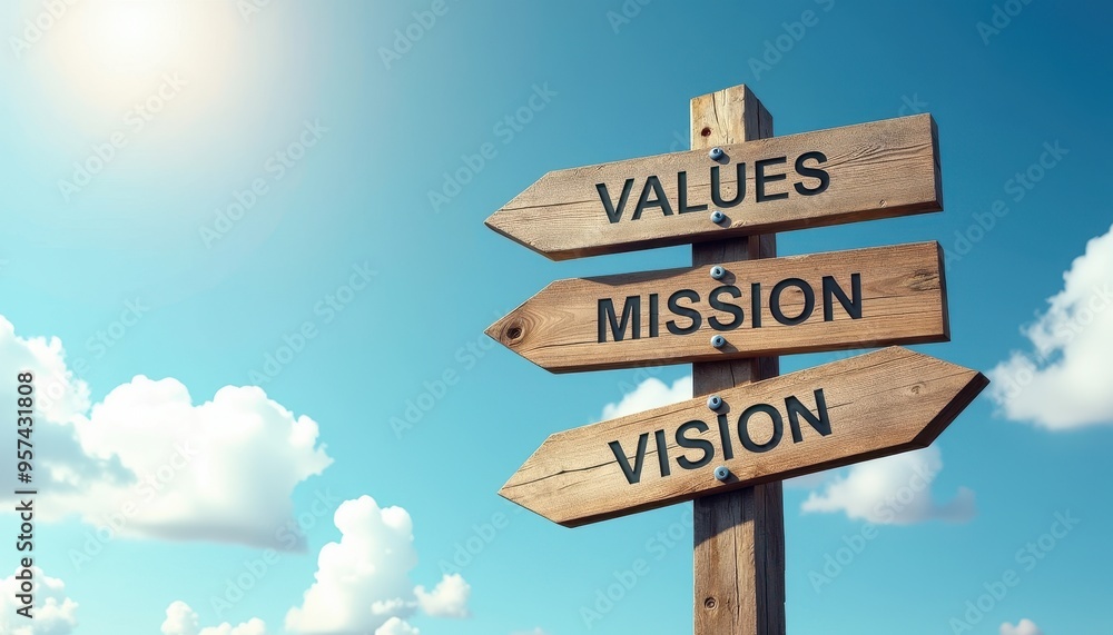 Wooden signpost pointing to values, mission, and vision against a bright blue sky with clouds. Wooden signpost pointing to values, mission, and vision against a bright blue sky with clouds.