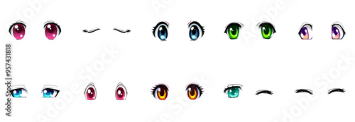 Set of realistic eyes designs with beautiful pupil colors. Anime character eyes isolated on White Background Illustration Vector.