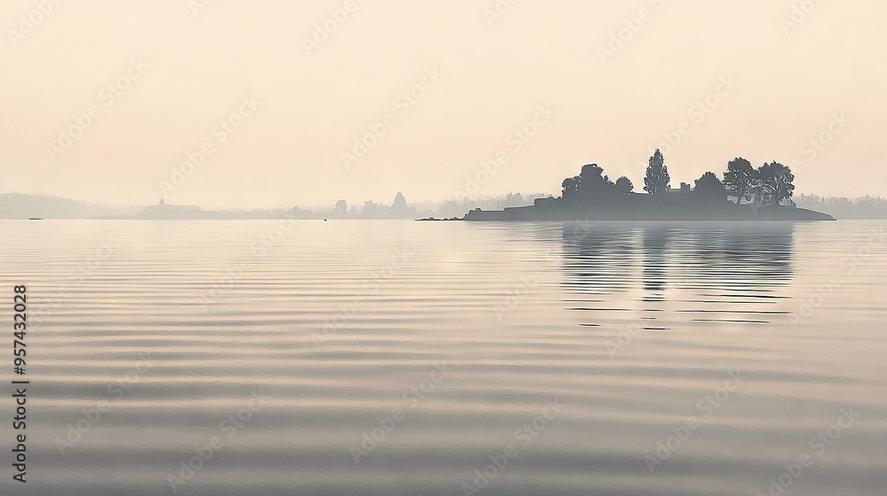 Obraz premium A waterbody with an island centered and surrounded by woods on each bank