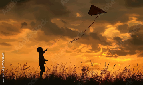 Silhouette of a child flying a kite.