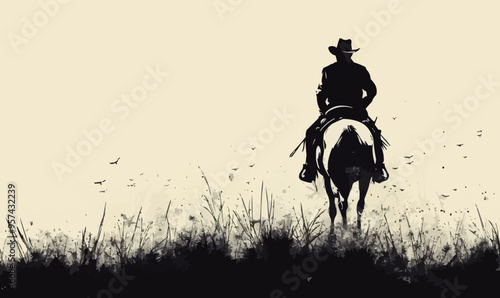 A silhouette vector of a cowboy on horseback.