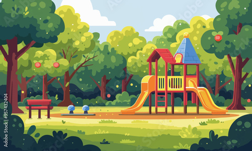 A flat vector of a park with a playground.