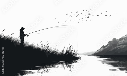 A silhouette vector of a person fishing.